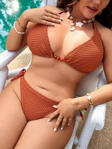 Swim Vcay New Textured Fabric Beach Vacation Comfortable Plus Size Swimwear Bottom With Tie - Brown - View 6