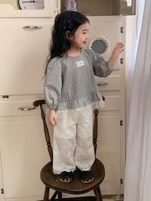 DAZY 女童格子拼接网纱长袖衬衫 - 灰色 - 查看 4