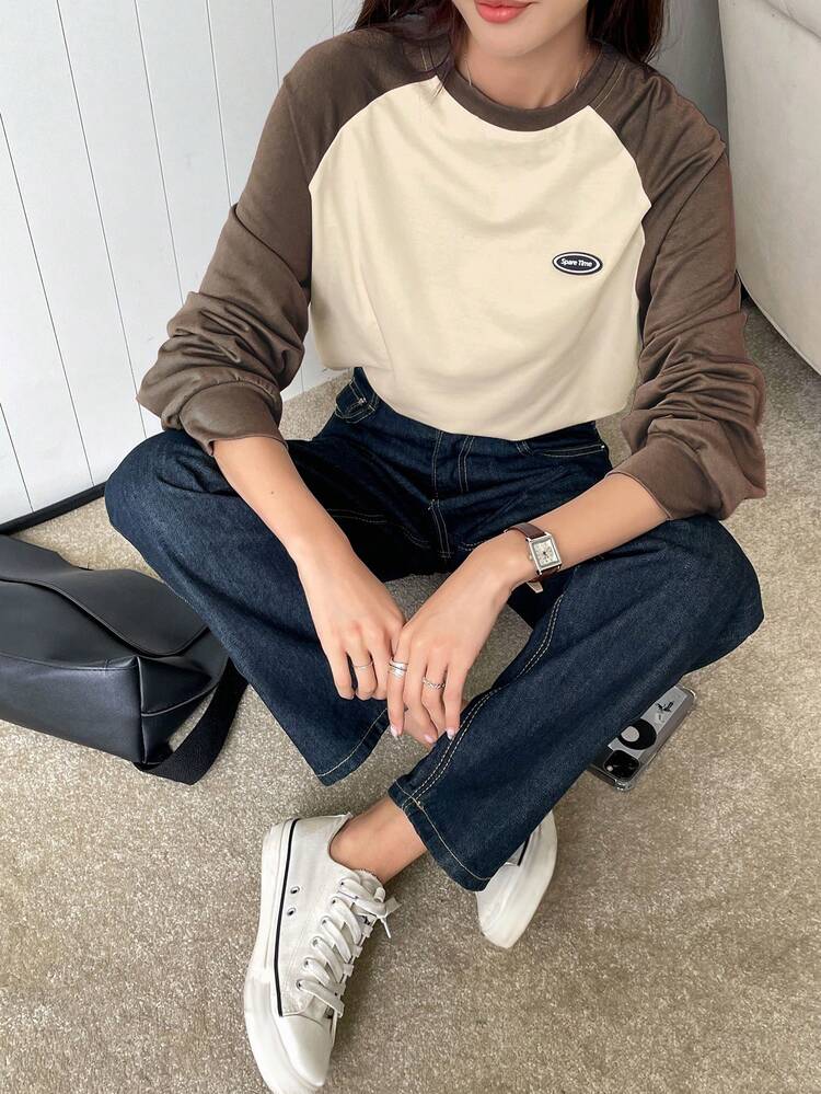 Letter Patched Colorblock Raglan Sleeve Tee,Fall Clothes Long Sleeve Women Tops