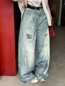 DAZY Quần jeans nữ cạp thường, in họa tiết trang trí, dáng suông, rộng rãi, phong cách Y2K - Rửa trung bình - Xem 2