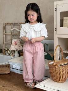 DAZY Toddler Girls' Korean Style Ruffle Trim Casual Puff Sleeve Solid Color Blouse - White - View 5