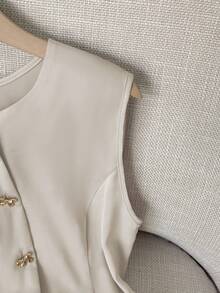 GlowEve Elegant & Fashionable Minimalist Metal Bow Button Round Neck Women Blouse, Spring/Summer - Beige - View 3