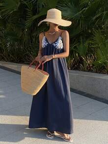 Livesso Vestido sin mangas con parches y bordados para mujeres, adecuado para vacaciones de verano, atuendo de crucero para mujeres, vestido de verano - Azul Marino - Ver 4