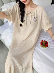 DAZY 可爱小熊英文图案波点印花宽松短袖连衣裙，夏季女士家居服 - 杏色 - 查看 9