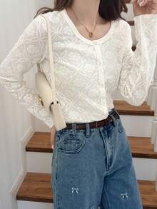 FRIFUL Women's Solid Color Layered Sheer Lace Round Neck Cardigan Sweater, Sweet Fitted Style For Spring - Beige - View 5