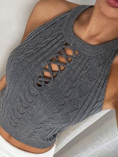 SHEIN Glamour Damtopp med halterneck, enfärgad, ihålig, knytbar halsringning och åtsittande, kort halterneck-stickning.