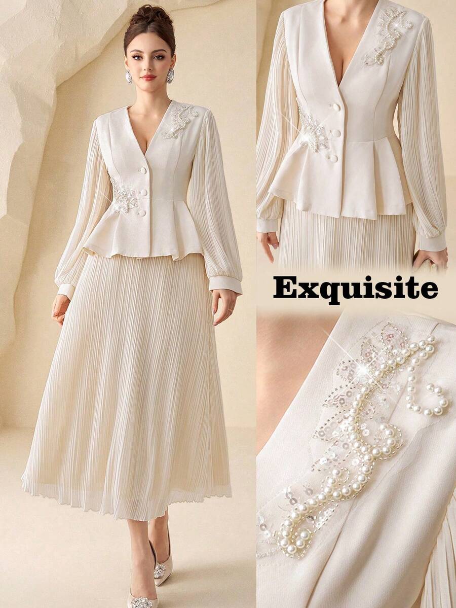 Modelyn Bộ áo blazer nữ màu mơ đính ngọc trai và chân váy xếp ly cạp chun, thiết kế thanh lịch cho các buổi hẹn hò và tiệc tùng.