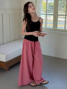 DAZY Tween Girl Solid Color Camisole And Plaid Wide Leg Pants Pajama Set Summer - Black - View 6