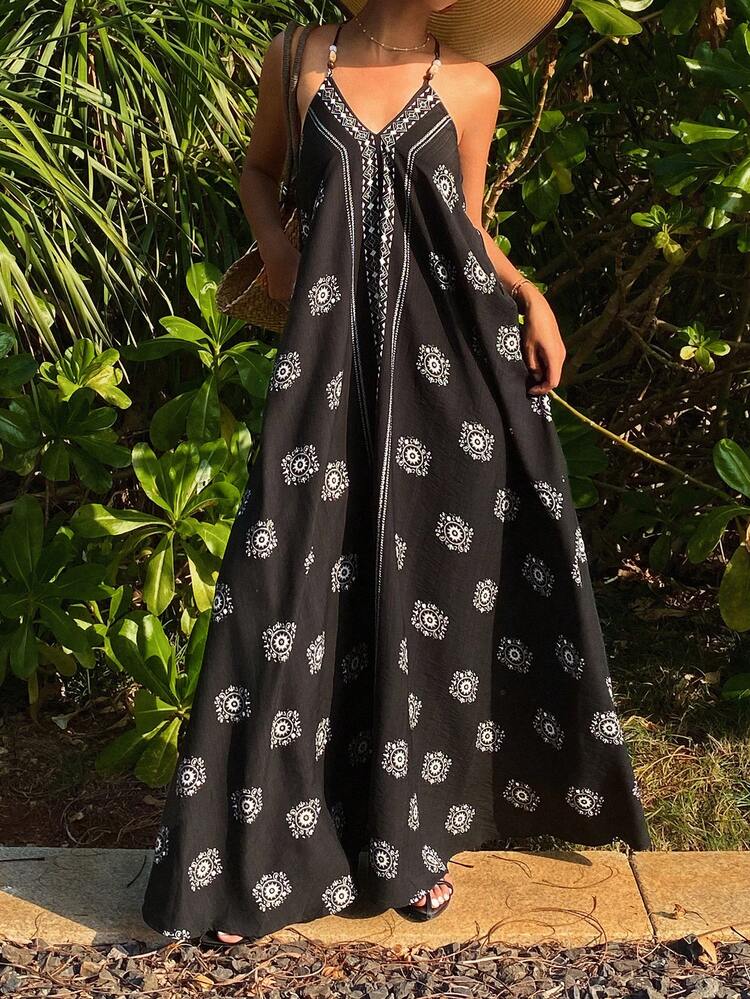 Floral Print Spaghetti Strap Backless Beaded Decor Casual Vacation Dress For Women, Spring/Summer Cruise Outfit For Women Maxi Dress Sundress Boho