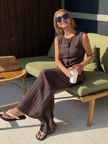 DAZY 2pcs Women's Elegant Formal Contrast Striped Sleeveless Top And Pants Suit Set, Spring/Autumn - Coffee Brown - View 5