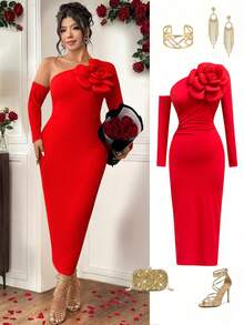 Elenzga 大码女式情人节花卉装饰露肩修身纯色长袖针织连衣裙 - 紅色 - 查看 7