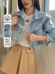 DAZY 翻领双口袋金属单排扣宽松长袖短款女士牛仔夹克外套 - 淺色水洗藍 - 查看 1