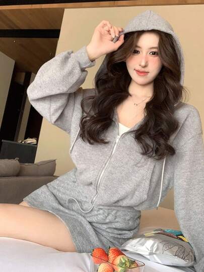 DAZY 2pcs/Set Women Casual Hoodie Sweatshirt And Mini Skirt, Solid Color Korean Style Street Wear