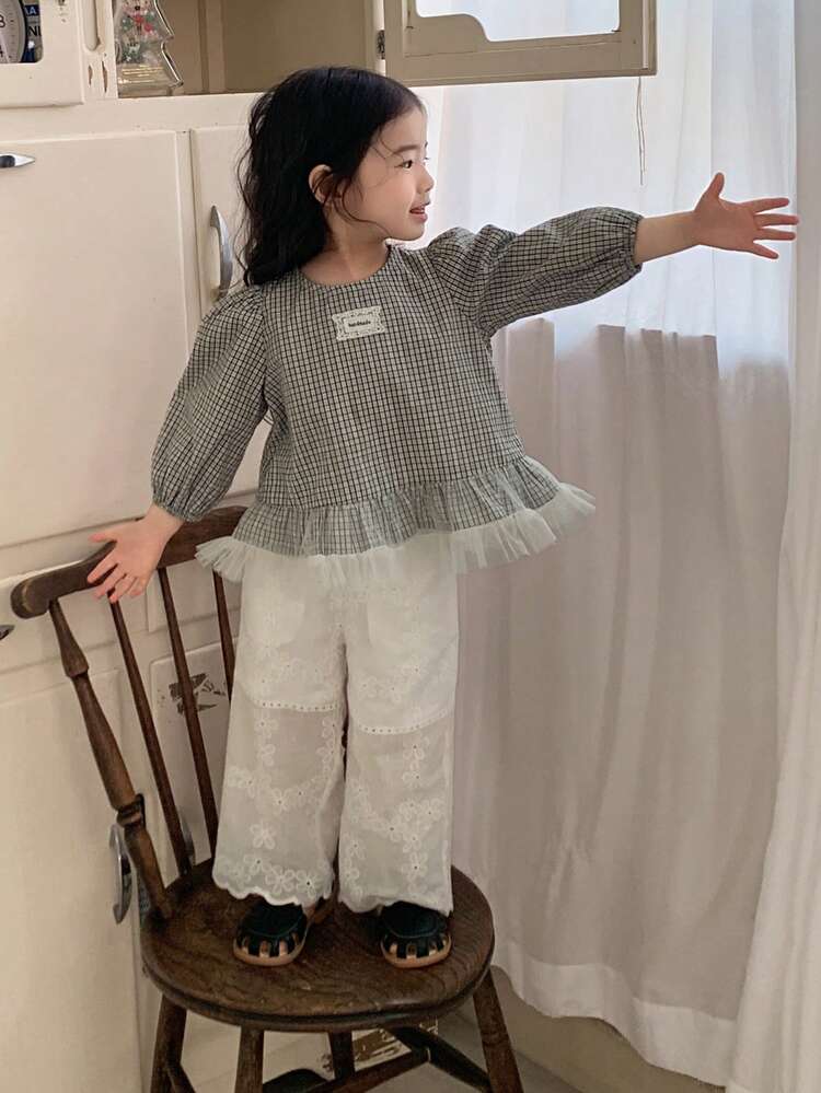 Toddler Girls' Plaid Patchwork Mesh Long Sleeve Blouse