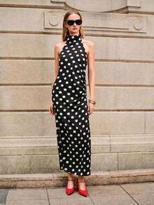 Lumivelle Elegant Black And White Polka Dot Summer Halter Neck Maxi Dress,Satin French Retro Backless Bowknot Design,Side Ruched Waist Fitted Long Date Dress - Black - View 6