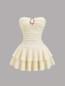 Sweetra Women's Elegant Strapless Tiered Cake Mini Dress - Apricot - View 3