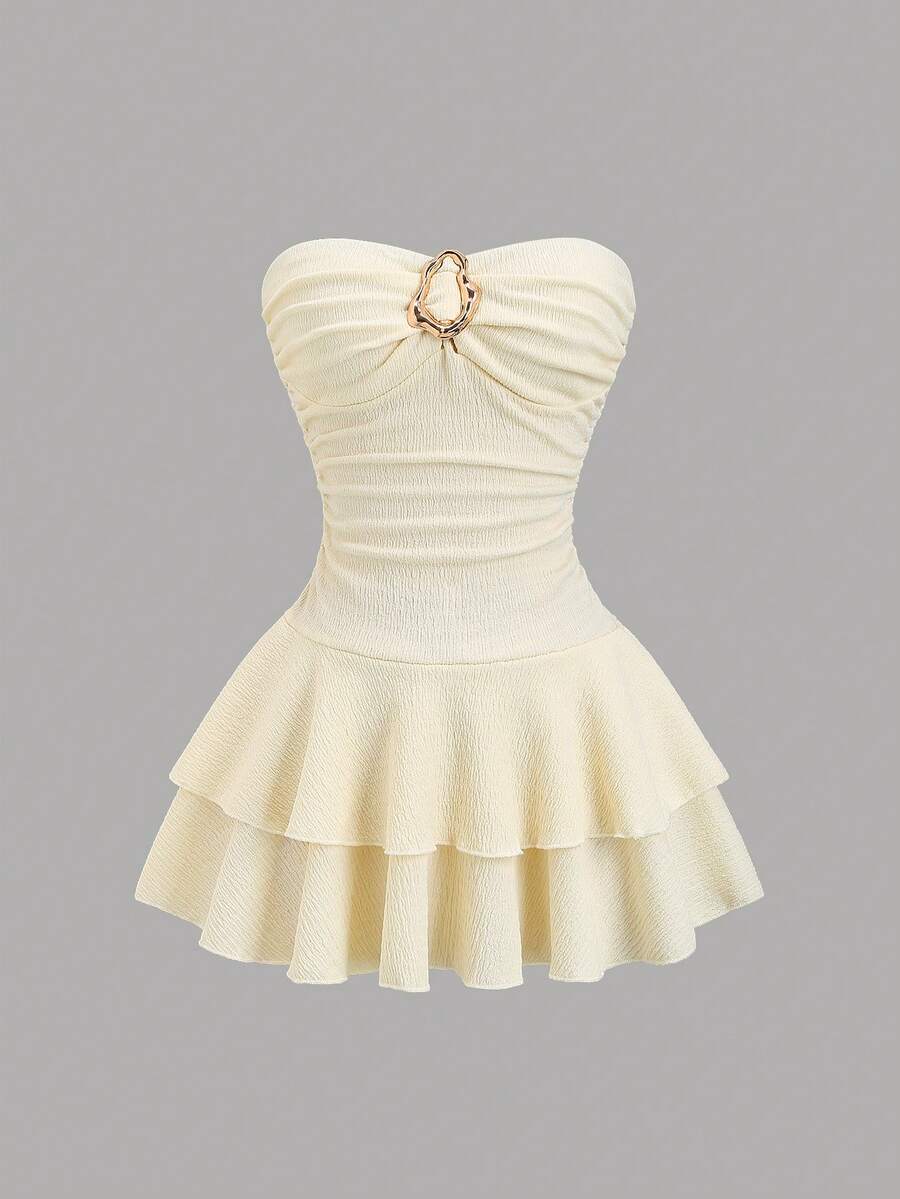 Sweetra 女士优雅无肩带多层蛋糕迷你连衣裙 - 杏色 - 查看 1