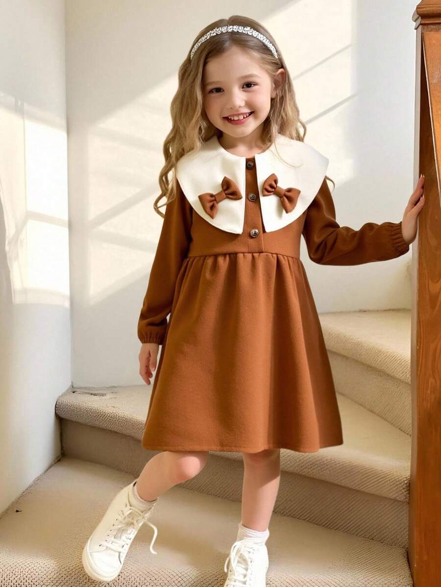 Elladie kids 1 件女童秋季连衣裙,彼得潘领,蝴蝶结装饰,前开襟,长袖,宽松版型,时尚,适合派对、生日,2025 年 - 棕色 - 查看 1
