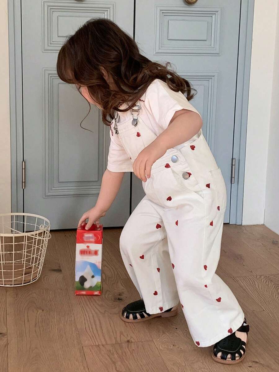 DAZY Infant/Toddler Girls' Heart Print Denim Bib Jumpsuit, Korean Style - White - View 1