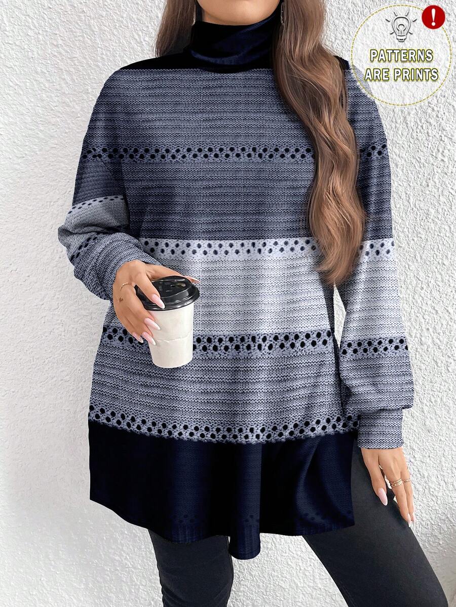 EMERY ROSE 大码女式蓝色条纹印花休闲长款T恤，适合秋冬季、新年、情人节约会穿着 - 彩色 - 查看 1