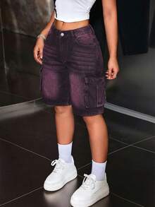 SHEIN PETITE Women's Casual Versatile Commuting Denim Shorts With Pockets And Buttons - Black - View 4