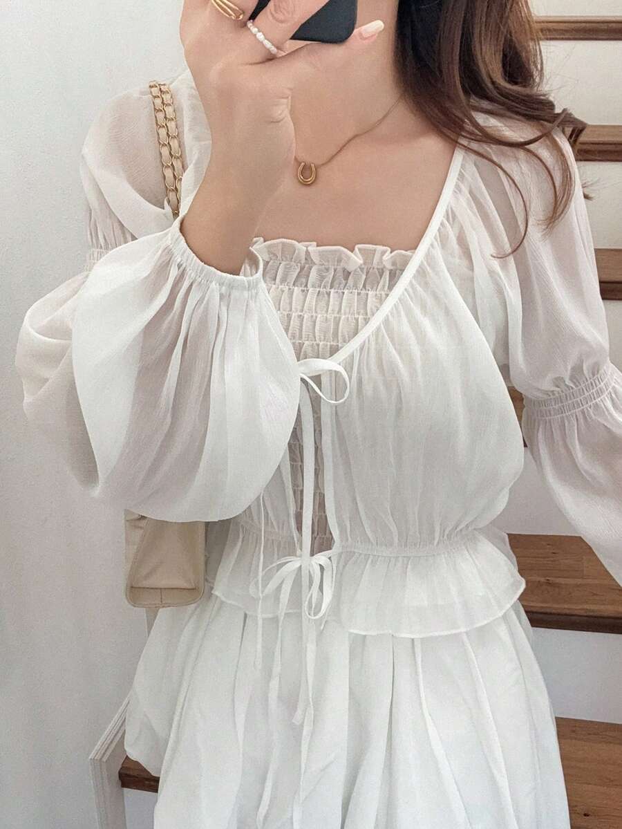 FRIFUL 2pcs Women's Spaghetti Strap Camisole Set, Ruffled Hem Elastic Camisole Top With Tie Waist, Lantern Sleeve Loose Cover Up, Sweet Summer Vacation Outfit From Spring To Summer - White - View 1