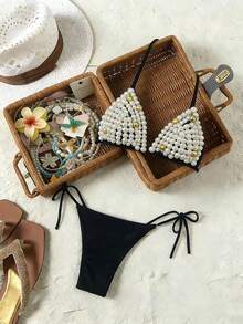 Sirith 女士新款仿珍珠系带贝壳比基尼泳衣 - 黑色 - 查看 2