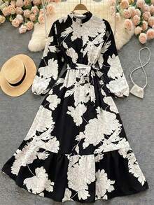 Elenzga Váy chữ A dài tay cổ đứng in hoa thanh lịch cỡ lớn cho nữ, hở phía trước, đầu xuân - màu đen - Xem 3