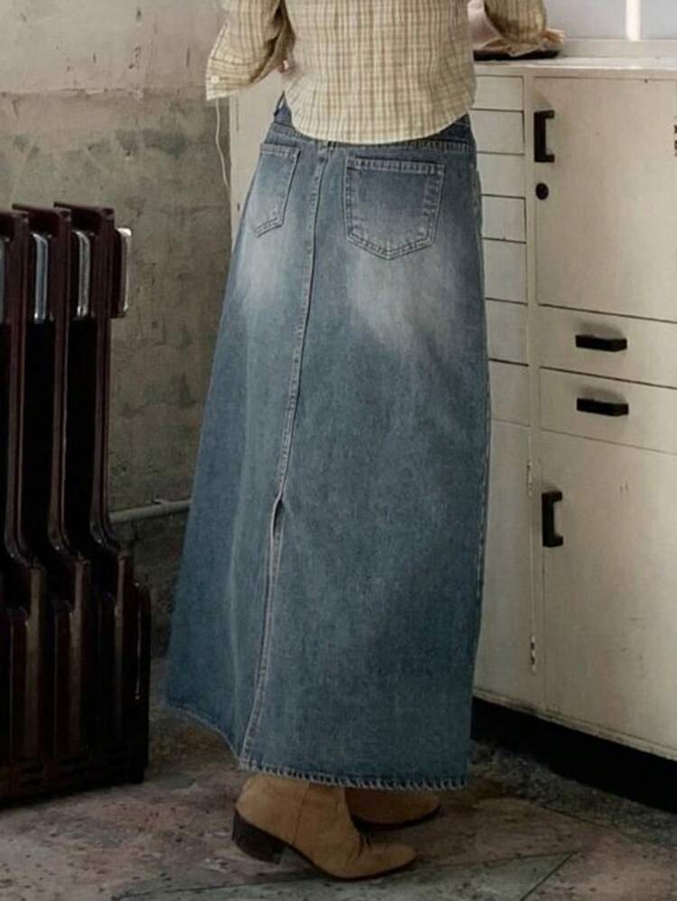 Vintage Denim Skirt, A-Line Long Skirt, Slit Design, Slimming, Women Denim Skirt