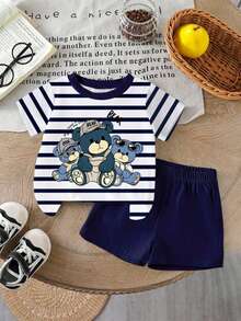 SHEIN Playful Pals 男婴时尚舒适休闲套装，采用可爱小熊和条纹印花设计，宽松圆领短袖T恤，适合春夏穿着，户外活动、休闲场合、返校季、派对、送礼皆宜。 - 彩色 - 查看 6