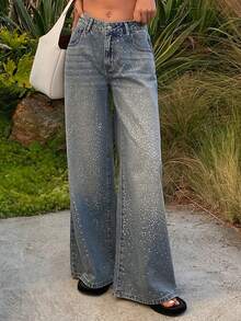 DAZY Women's Low Waist Rhinestone Embellished Straight Leg Casual Jeans Y2k - Medium Wash - View 3