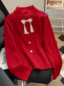 SHEIN Franclia Áo len nữ thanh lịch dáng rộng cổ đứng kiểu Trung Quốc mới, có tua rua và cúc cài, áo len nữ thanh lịch cho kỳ nghỉ lễ, áo len đỏ thanh lịch cho năm mới, không gian trang nhã, thích hợp cho Giáng sinh và Năm mới, cảm giác dịu dàng và quý phái, áo len ngày Valentine, áo nữ ngày Valentine, áo Valentine, áo nữ dự tiệc sinh nhật thanh lịch. - Đỏ - Xem 3