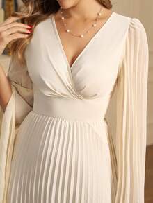 Amorya Women's Cream White Elegant V-Neck Chiffon Pleated A-Line Dress,Long Sleeve Waist Cinched Wedding Guest Bridesmaid Dresses For Autumn Dining Events - Light Yellow - View 5