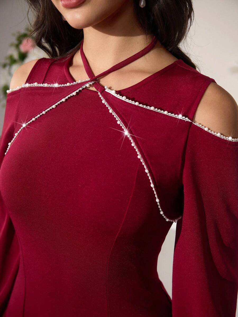Modelyn Đầm chữ A cổ tròn, trễ vai, phối ruy băng, thắt chéo, tay loe, eo thon dành cho nữ