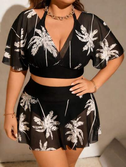 Swim Lushoire Plus Size Women Deep V Palm Leaf Print Mesh 3 PiecesSwimsuit, Flattering & Slimming, Vacation Style
