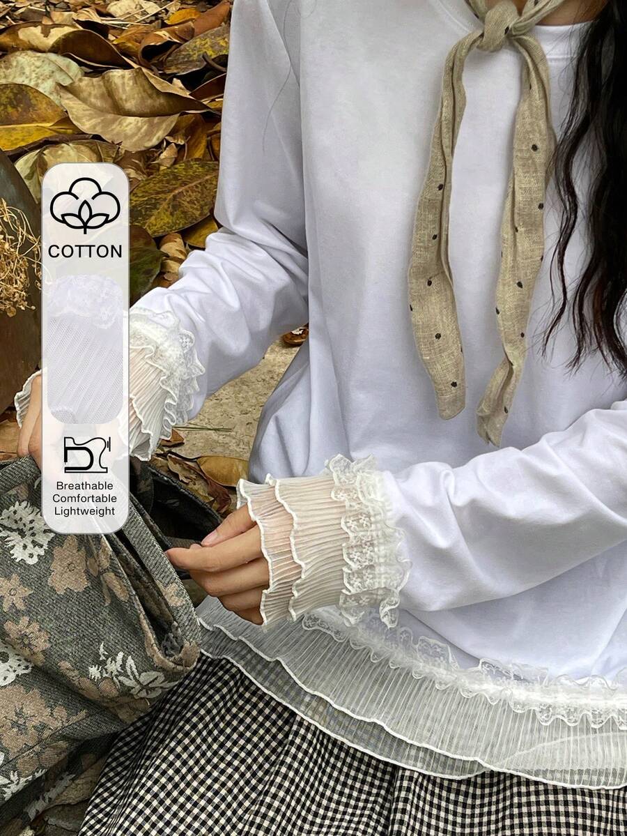 FRIFUL 女士纯色圆领长袖T恤，荷叶边下摆和袖口装饰，宽松休闲百搭，秋冬款 - 白色 - 查看 1