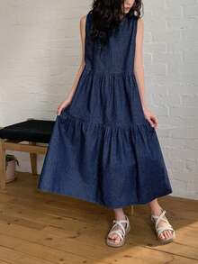 Dazy Kids Tween Girls Sleeveless Round Neck Denim Dress - Dark Wash - View 6