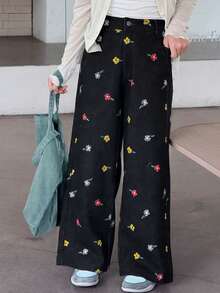 Dazy Kids Tween Girls' Casual Ditsy Floral Loose Wide Leg Pants With Slant Pockets - Grey - View 5