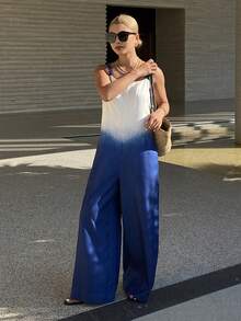DAZY Bộ jumpsuit dáng rộng ombre cho nữ, quần ống rộng, quần thường ngày thoải mái cho kỳ nghỉ xuân/hè. - Màu xanh lam - Xem 5