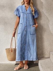 Breezaya Vestido de mezclilla holgado con cuello con muesca, mangas abultadas, bolsillo con abertura y botones, para uso casual y diario, verano - Azul - Ver 7