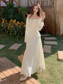 DAZY Conjunto de blusa de gasa con parches de encaje de estilo coreano y vestido casual de estilo coreano de largo medio - Beis - Ver 7