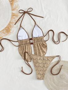 Swim SXY 女士夏季度假沙滩镂空串珠露背吊带背心式泳衣套装 - 卡其色 - 查看 5