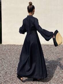 Livesso Women's V-Neck Ruched Waist Puff Sleeve Denim Dress - Blue - View 2