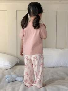 DAZY 2pcs Baby Girls Cartoon Print Short Sleeve T-Shirt And Full Print Long Pants Pajama Set - Baby Pink - View 2