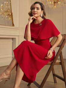 Amorya 女士优雅端庄红色圆领披肩袖中长连衣裙 - 紅色 - 查看 1