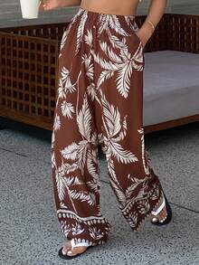 DAZY Botanical Print Loose Straight Leg Women Pajama Bottoms - Brown - View 5