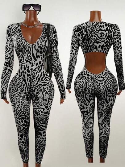 Mistrie Autumn New Vintage Casual Leopard Print Sexy V-Neck Fitted Long Sleeve Jumpsuit For Women