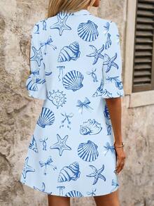 SHEIN Clasi Women's V-Neck Starfish & Shell Print Casual Vacation Mini Dress - Baby Blue - View 2
