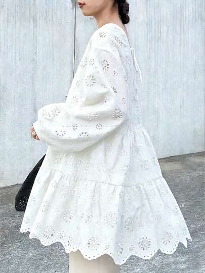 FRIFUL Women's Round Neck Burnout Embroidery Ruffle Splice Fashion Lantern Sleeve Long T-Shirt