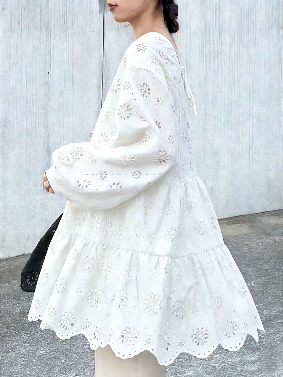 FRIFUL Women's Round Neck Burnout Embroidery Ruffle Splice Fashion Lantern Sleeve Long T-Shirt - White - View 1